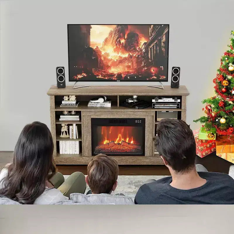 Mobile TV consolle rustico 58" con ripiani e caminetto 23" con fiamma regolabile a 3 livelli per salotto
