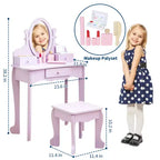 Set toeletta per bambini, specchio ad angolo regolabile, tavolo da trucco in legno, set tavolo e sedia da toeletta per bambine per il gioco di finzione, per camera da letto, sala giochi