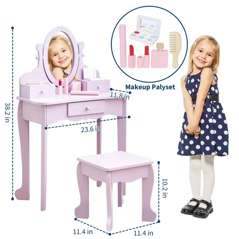 Set toeletta per bambini, specchio ad angolo regolabile, tavolo da trucco in legno, set tavolo e sedia da toeletta per bambine per il gioco di finzione, per camera da letto, sala giochi