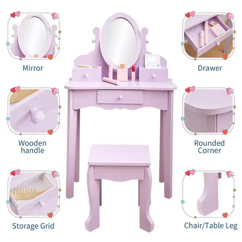 Set toeletta per bambini, specchio ad angolo regolabile, tavolo da trucco in legno, set tavolo e sedia da toeletta per bambine per il gioco di finzione, per camera da letto, sala giochi