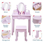 Set toeletta per bambini, specchio ad angolo regolabile, tavolo da trucco in legno, set tavolo e sedia da toeletta per bambine per il gioco di finzione, per camera da letto, sala giochi