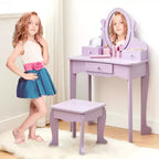 Set toeletta per bambini, specchio ad angolo regolabile, tavolo da trucco in legno, set tavolo e sedia da toeletta per bambine per il gioco di finzione, per camera da letto, sala giochi