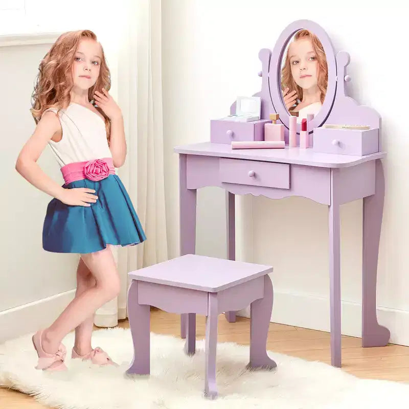 Set toeletta per bambini, specchio ad angolo regolabile, tavolo da trucco in legno, set tavolo e sedia da toeletta per bambine per il gioco di finzione, per camera da letto, sala giochi
