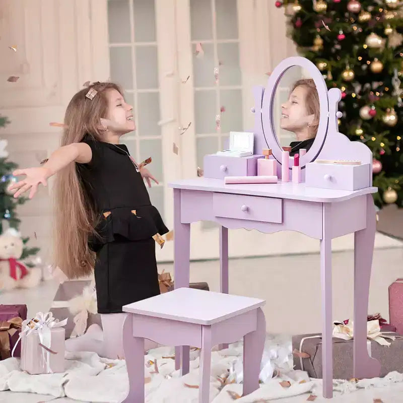 Set toeletta per bambini, specchio ad angolo regolabile, tavolo da trucco in legno, set tavolo e sedia da toeletta per bambine per il gioco di finzione, per camera da letto, sala giochi