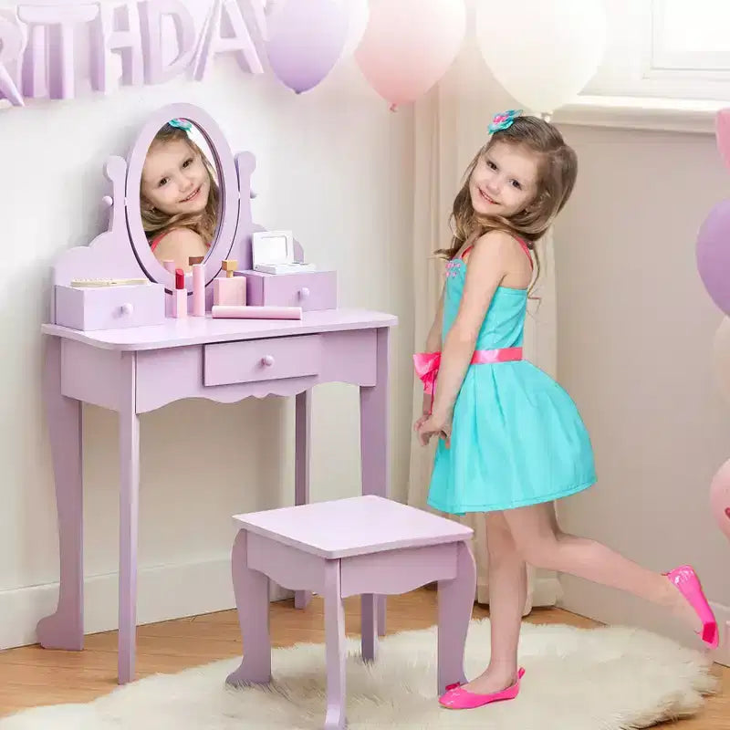Set toeletta per bambini, specchio ad angolo regolabile, tavolo da trucco in legno, set tavolo e sedia da toeletta per bambine per il gioco di finzione, per camera da letto, sala giochi