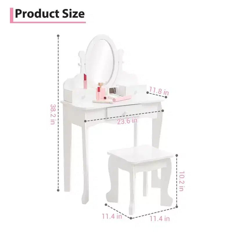 Set toeletta per bambini, specchio ad angolo regolabile, tavolo da trucco in legno, set tavolo e sedia da toeletta per bambine per il gioco di finzione, per camera da letto, sala giochi