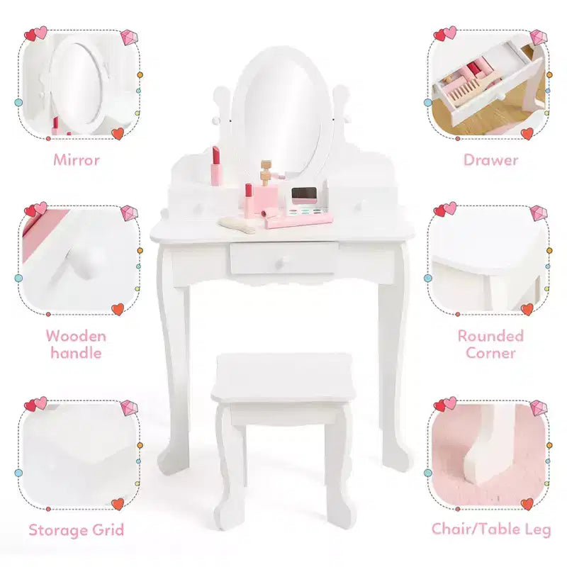 Set toeletta per bambini, specchio ad angolo regolabile, tavolo da trucco in legno, set tavolo e sedia da toeletta per bambine per il gioco di finzione, per camera da letto, sala giochi