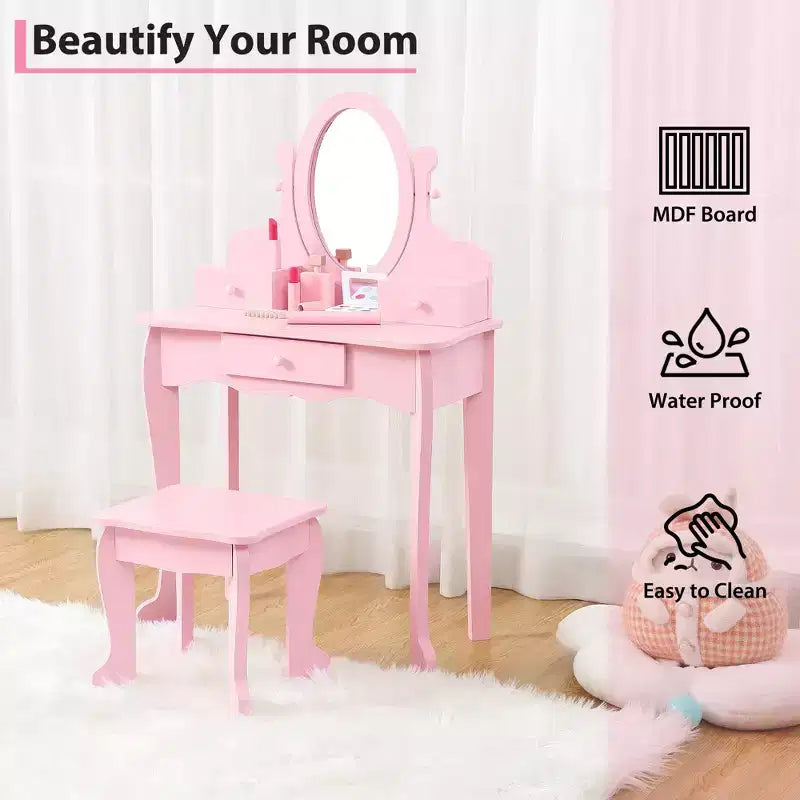 Set toeletta per bambini, specchio ad angolo regolabile, tavolo da trucco in legno, set tavolo e sedia da toeletta per bambine per il gioco di finzione, per camera da letto, sala giochi