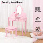Set toeletta per bambini, specchio ad angolo regolabile, tavolo da trucco in legno, set tavolo e sedia da toeletta per bambine per il gioco di finzione, per camera da letto, sala giochi