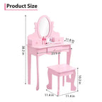 Set toeletta per bambini, specchio ad angolo regolabile, tavolo da trucco in legno, set tavolo e sedia da toeletta per bambine per il gioco di finzione, per camera da letto, sala giochi