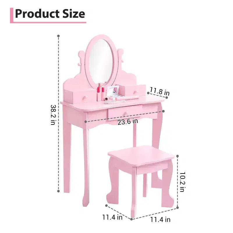 Set toeletta per bambini, specchio ad angolo regolabile, tavolo da trucco in legno, set tavolo e sedia da toeletta per bambine per il gioco di finzione, per camera da letto, sala giochi