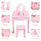 Set toeletta per bambini, specchio ad angolo regolabile, tavolo da trucco in legno, set tavolo e sedia da toeletta per bambine per il gioco di finzione, per camera da letto, sala giochi