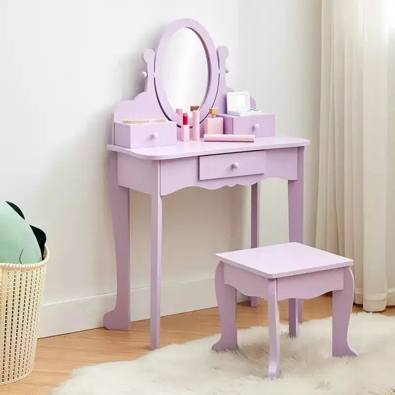 Set toeletta per bambini, specchio ad angolo regolabile, tavolo da trucco in legno, set tavolo e sedia da toeletta per bambine per il gioco di finzione, per camera da letto, sala giochi