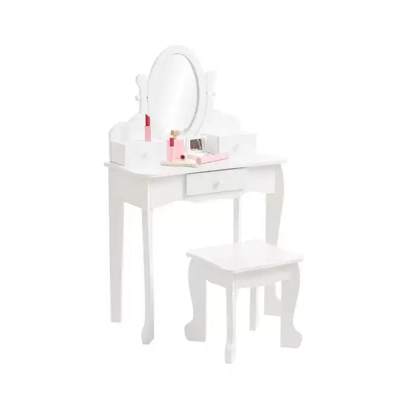 Set toeletta per bambini, specchio ad angolo regolabile, tavolo da trucco in legno, set tavolo e sedia da toeletta per bambine per il gioco di finzione, per camera da letto, sala giochi