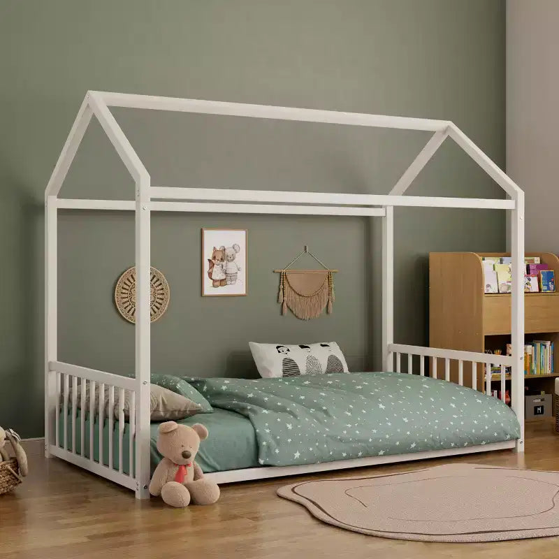 Struttura Letto a Terra Montessori in Metallo, Misura Singola/Matrimoniale, a Forma di Casetta con Sponde Verticali di Sicurezza per Bambini/Neonati - ModernLuxe
