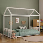 Struttura Letto a Terra Montessori in Metallo, Misura Singola/Matrimoniale, a Forma di Casetta con Sponde Verticali di Sicurezza per Bambini/Neonati - ModernLuxe