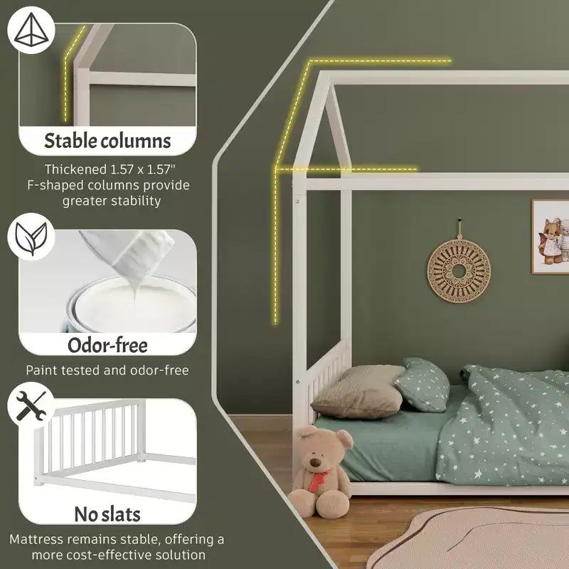 Struttura Letto a Terra Montessori in Metallo, Misura Singola/Matrimoniale, a Forma di Casetta con Sponde Verticali di Sicurezza per Bambini/Neonati - ModernLuxe