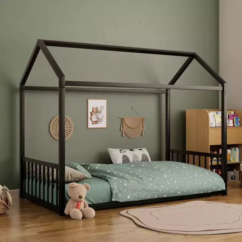 Struttura Letto a Terra Montessori in Metallo, Misura Singola/Matrimoniale, a Forma di Casetta con Sponde Verticali di Sicurezza per Bambini/Neonati - ModernLuxe