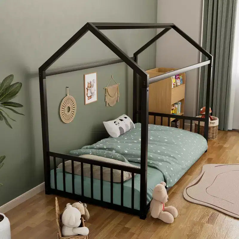Struttura Letto a Terra Montessori in Metallo, Misura Singola/Matrimoniale, a Forma di Casetta con Sponde Verticali di Sicurezza per Bambini/Neonati - ModernLuxe