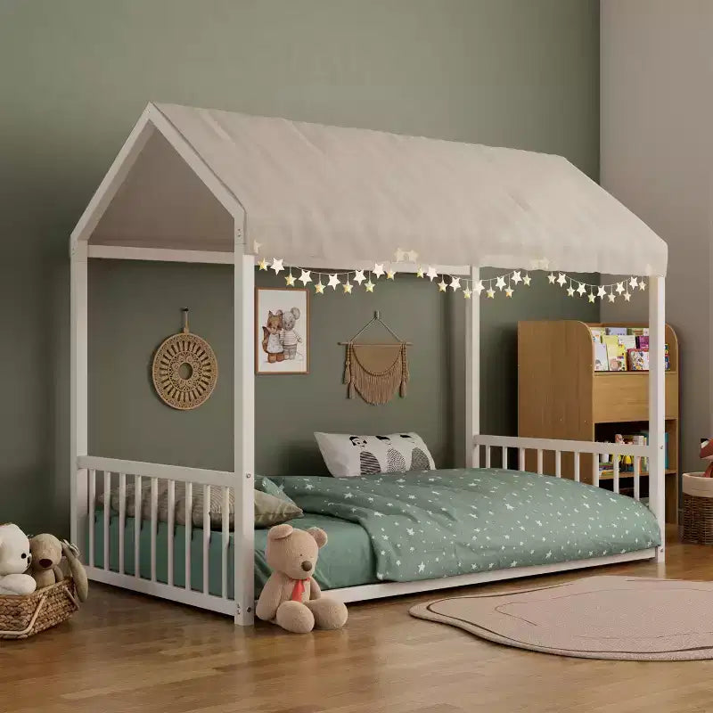 Struttura Letto a Terra Montessori in Metallo, Misura Singola/Matrimoniale, a Forma di Casetta con Sponde Verticali di Sicurezza per Bambini/Neonati - ModernLuxe