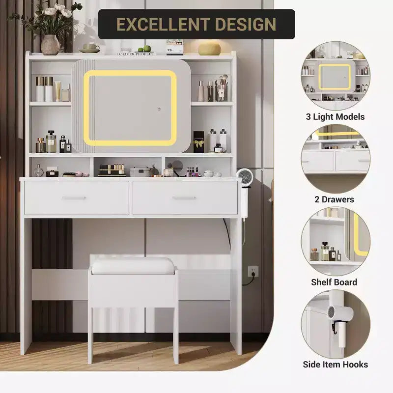 Toeletta Trucco con Specchio Scorrevole, Toeletta Trucco Moderna, 2 Cassetti e Sgabello Morbido Imbottito, 3 Modalità di Illuminazione Regolabili, per Camera da Letto