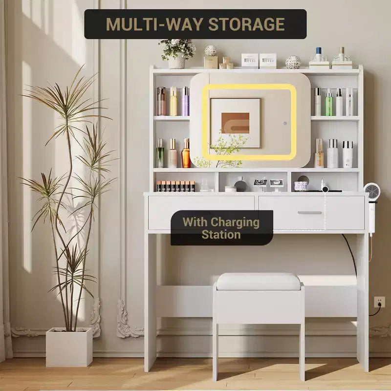 Toeletta Trucco con Specchio Scorrevole, Toeletta Trucco Moderna, 2 Cassetti e Sgabello Morbido Imbottito, 3 Modalità di Illuminazione Regolabili, per Camera da Letto