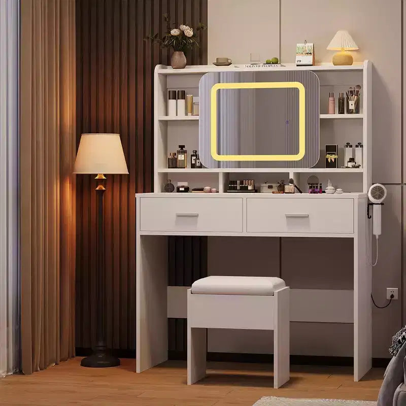Toeletta Trucco con Specchio Scorrevole, Toeletta Trucco Moderna, 2 Cassetti e Sgabello Morbido Imbottito, 3 Modalità di Illuminazione Regolabili, per Camera da Letto