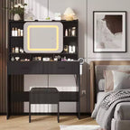 Toeletta Trucco con Specchio Scorrevole, Toeletta Trucco Moderna, 2 Cassetti e Sgabello Morbido Imbottito, 3 Modalità di Illuminazione Regolabili, per Camera da Letto