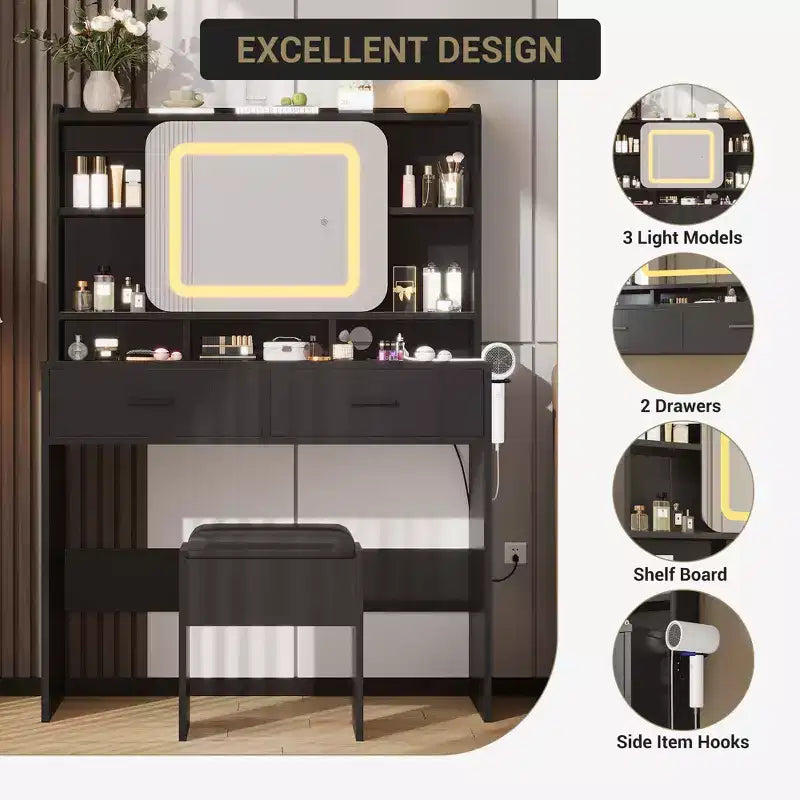 Toeletta Trucco con Specchio Scorrevole, Toeletta Trucco Moderna, 2 Cassetti e Sgabello Morbido Imbottito, 3 Modalità di Illuminazione Regolabili, per Camera da Letto
