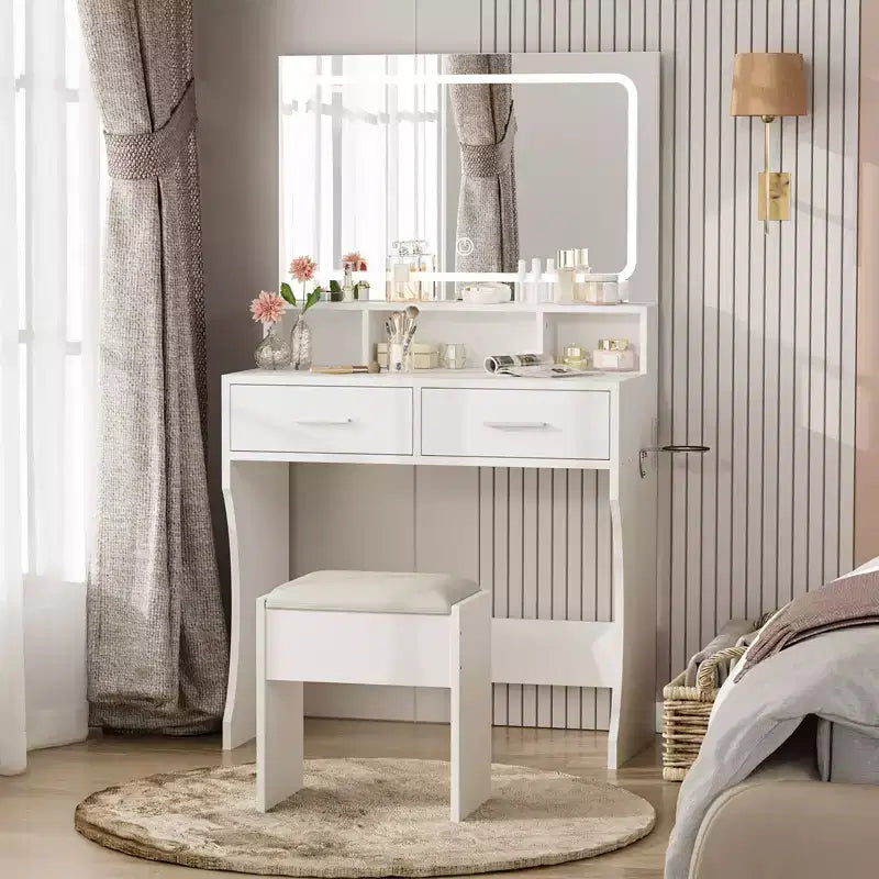 Grande toeletta per trucco da 31,5 pollici con specchio e luci, 2 cassetti, sgabello, 3 modalità di illuminazione a colori, moderna toletta per camera da letto