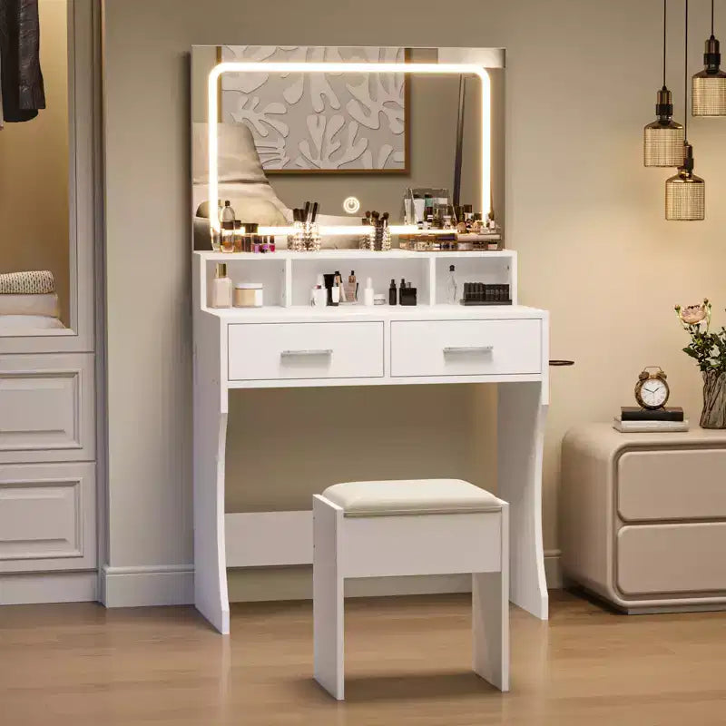 Grande toeletta per trucco da 31,5 pollici con specchio e luci, 2 cassetti, sgabello, 3 modalità di illuminazione a colori, moderna toletta per camera da letto