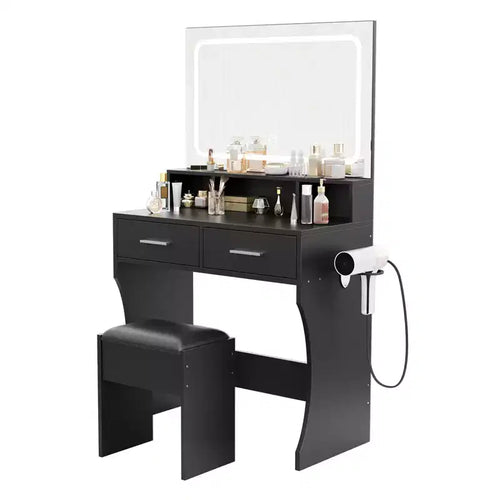 31.5 Large Makeup Vanity Desk with Mirror and Lights, 2 Drawers, Stool, 3 Color Lighting Modes, Modern Dressing Table for Bedroom