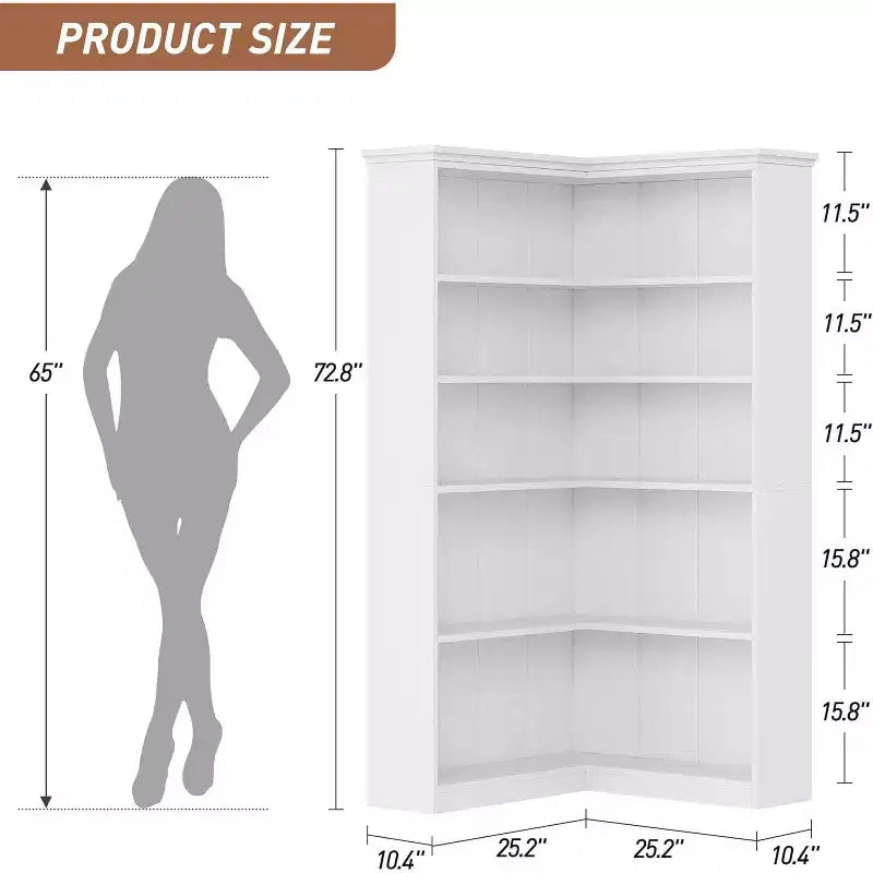 Libreria angolare a L da 72,8 pollici, libreria rustica a 5 ripiani in legno, scaffale portaoggetti salvaspazio con design anti-ribaltamento, versione a metà schienale