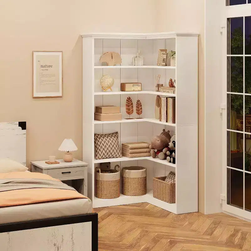 Libreria angolare a L da 72,8 pollici, libreria rustica a 5 ripiani in legno, scaffale portaoggetti salvaspazio con design anti-ribaltamento, versione a metà schienale