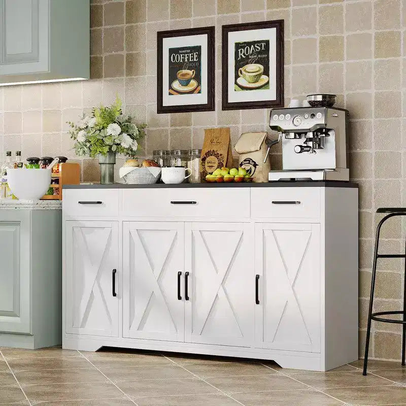Coolmee Buffet Cabinet with Drawers, 55 inch Wood Coffee Bar Large Sideboard Buffet Storage Cabinet with Shelves and Doors for Kitchen Dining Room