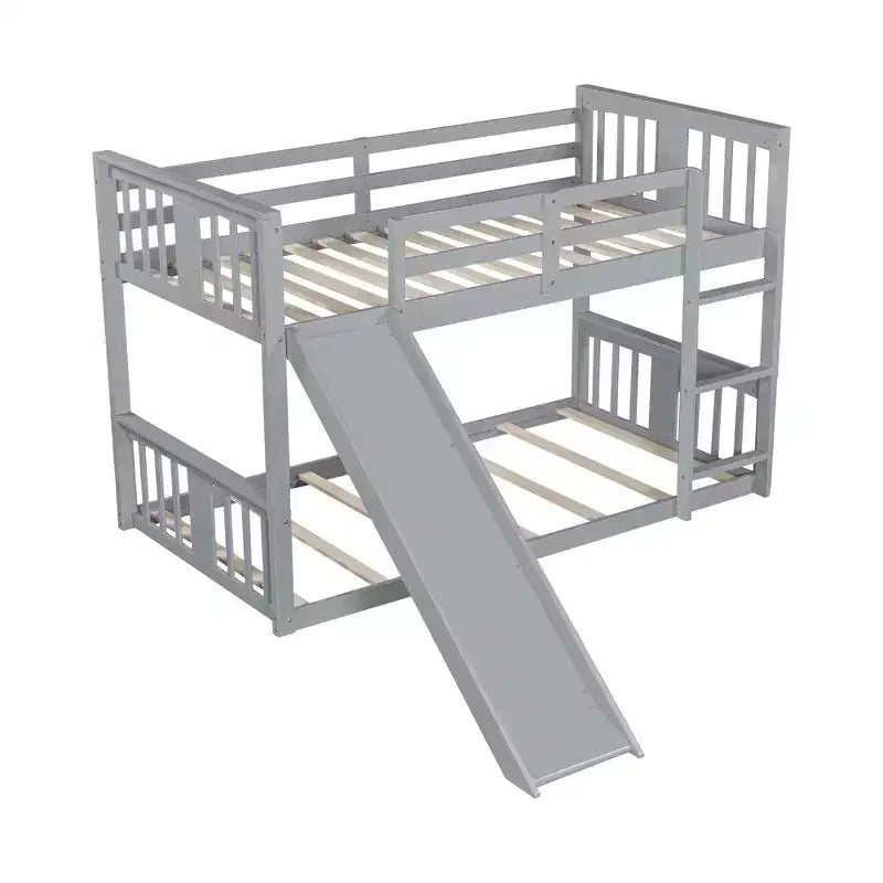Bellemave Letto a castello a pavimento Montessori, Letti a castello per bambini con ringhiera, testiera e pediera, Letti a castello bassi per bambini e bambine, Grigio