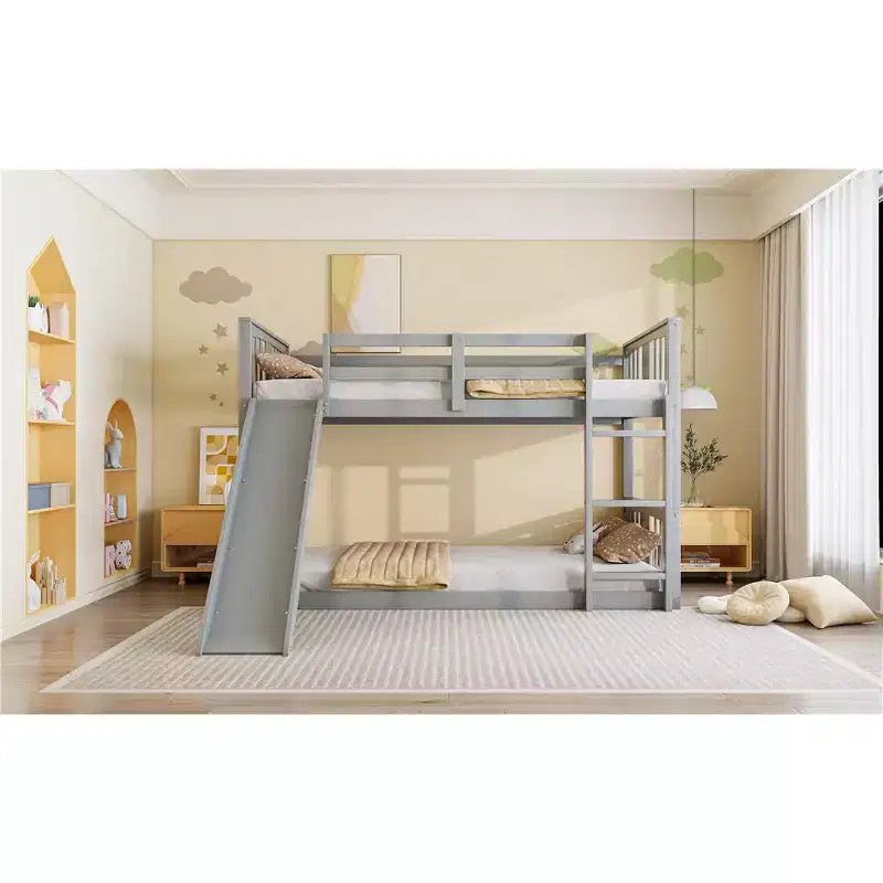 Bellemave Letto a castello a pavimento Montessori, Letti a castello per bambini con ringhiera, testiera e pediera, Letti a castello bassi per bambini e bambine, Grigio