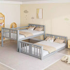 Bellemave Letto a castello a pavimento Montessori, Letti a castello per bambini con ringhiera, testiera e pediera, Letti a castello bassi per bambini e bambine, Grigio