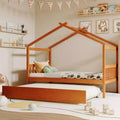 Bellemave Twin Wooden House Bed Frame with Roof, Playhouse Bed with Trundle,Walnut