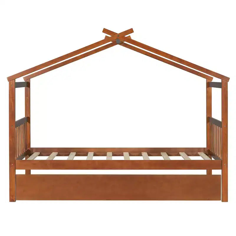 Bellemave Struttura Letto a Casetta in Legno per Bambini, con Tetto e Letto Estraibile, Noce