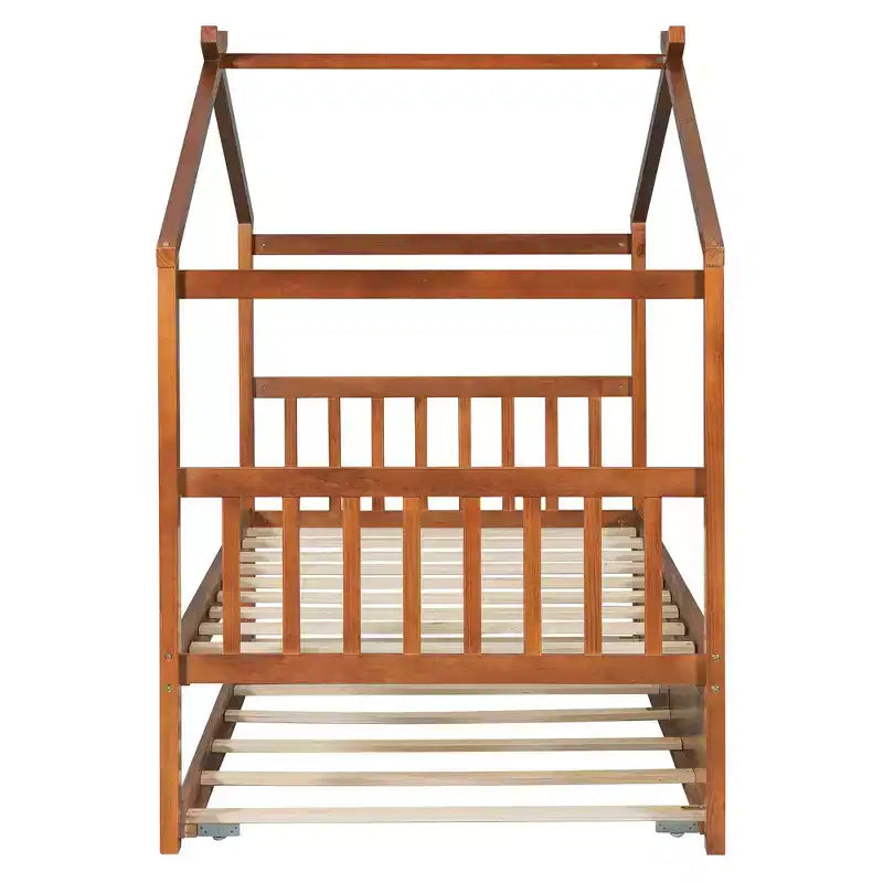 Bellemave Struttura Letto a Casetta in Legno per Bambini, con Tetto e Letto Estraibile, Noce