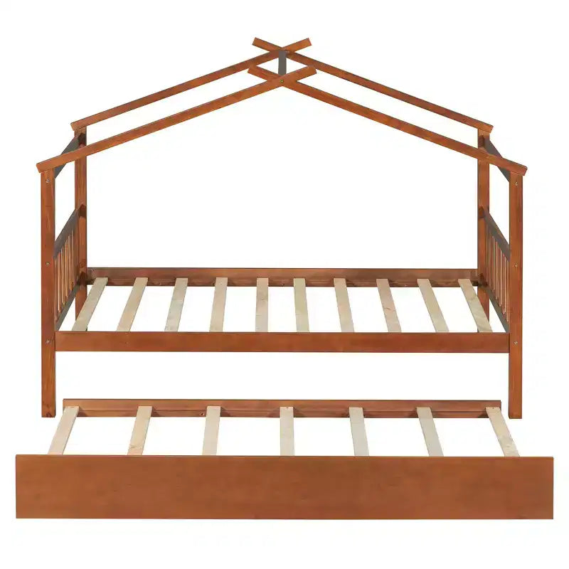Bellemave Struttura Letto a Casetta in Legno per Bambini, con Tetto e Letto Estraibile, Noce