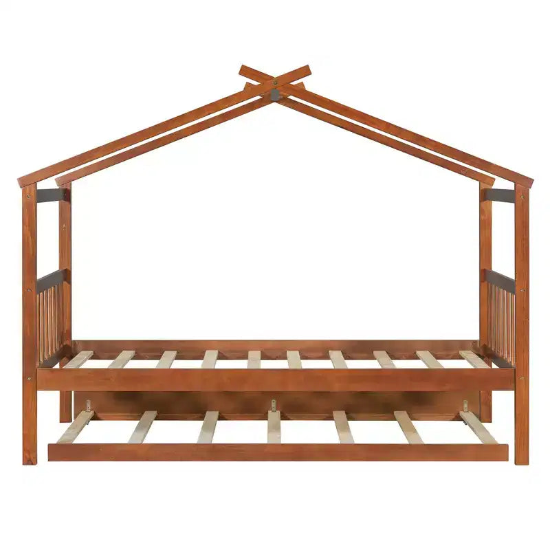 Bellemave Struttura Letto a Casetta in Legno per Bambini, con Tetto e Letto Estraibile, Noce