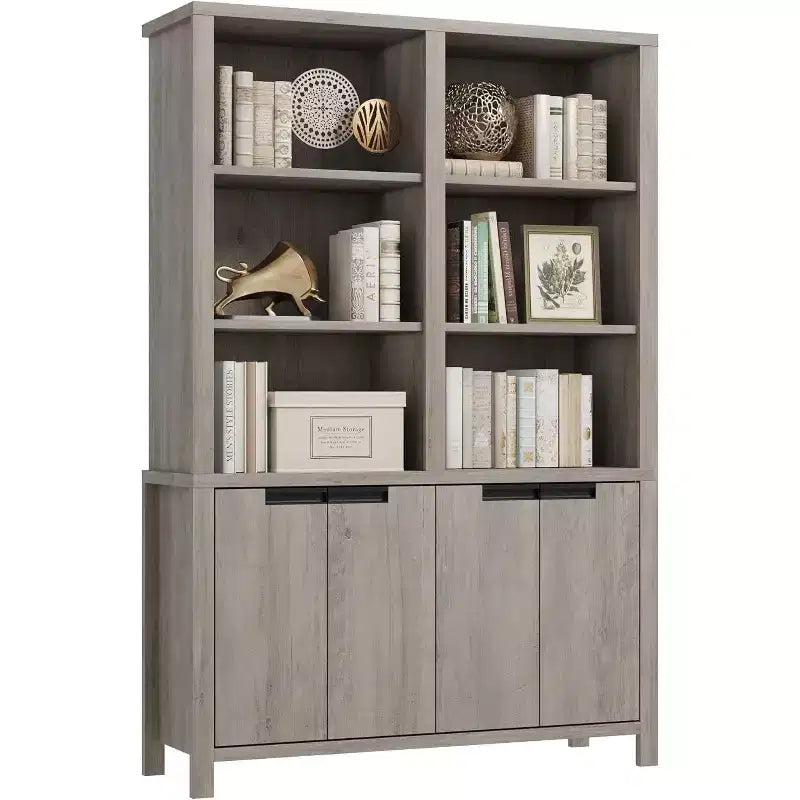 Libreria Alta 179,5 cm, Scaffale a 5 Ripiani a Doppia Larghezza con Armadietti e Doppio Spazio di Archiviazione, Libreria in Legno per Soggiorno Ufficio Biblioteca