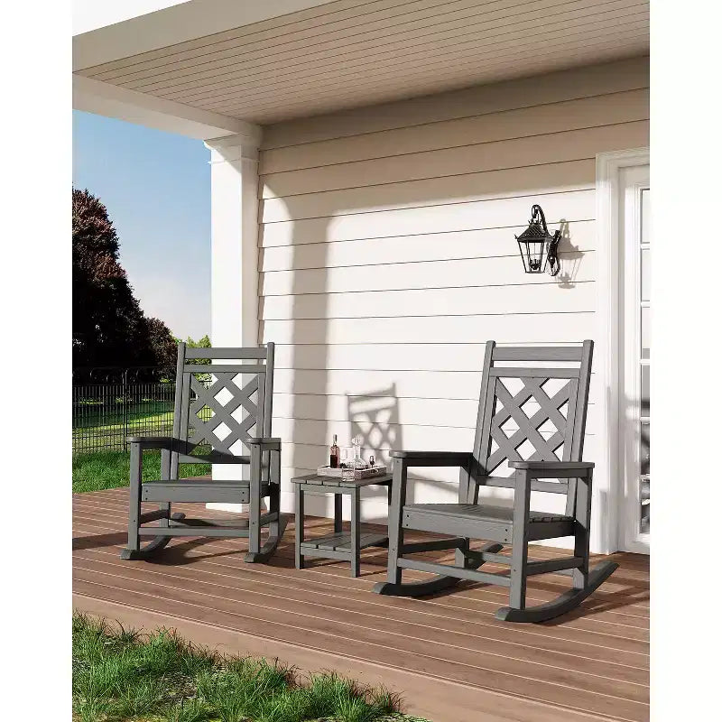 Sedia a dondolo da esterno, sedia a dondolo per patio in HDPE resistente alle intemperie con texture effetto legno e capacità di carico di 172 kg per ponte, piscina, cortile, nera