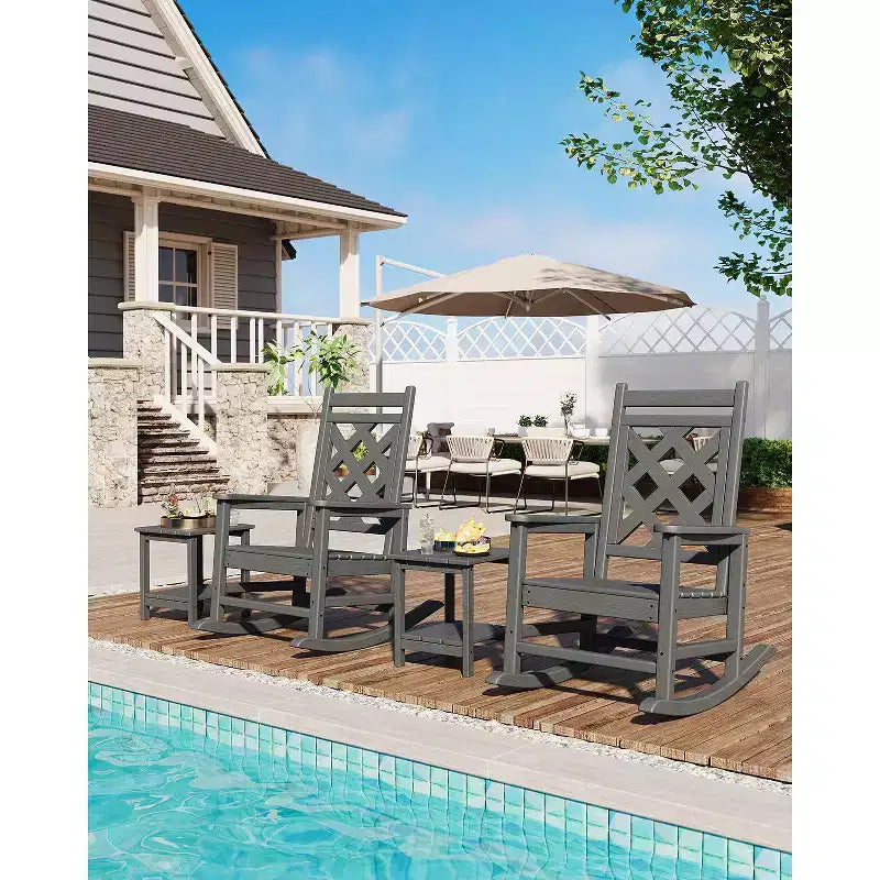 Sedia a dondolo da esterno, sedia a dondolo per patio in HDPE resistente alle intemperie con texture effetto legno e capacità di carico di 172 kg per ponte, piscina, cortile, nera