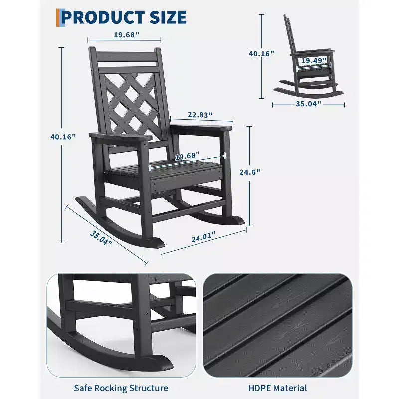 Sedia a dondolo da esterno, sedia a dondolo per patio in HDPE resistente alle intemperie con texture effetto legno e capacità di carico di 172 kg per ponte, piscina, cortile, nera