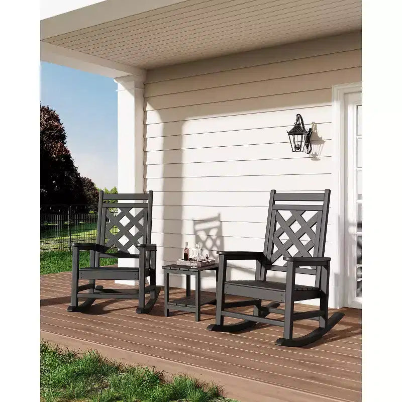 Sedia a dondolo da esterno, sedia a dondolo per patio in HDPE resistente alle intemperie con texture effetto legno e capacità di carico di 172 kg per ponte, piscina, cortile, nera
