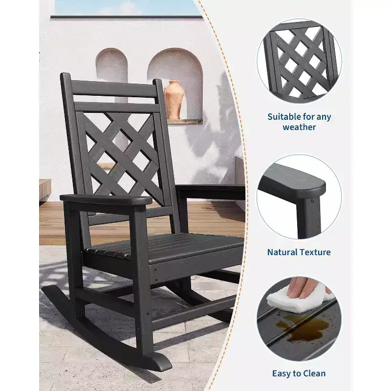 Sedia a dondolo da esterno, sedia a dondolo per patio in HDPE resistente alle intemperie con texture effetto legno e capacità di carico di 172 kg per ponte, piscina, cortile, nera