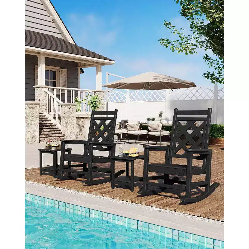 Sedia a dondolo da esterno, sedia a dondolo per patio in HDPE resistente alle intemperie con texture effetto legno e capacità di carico di 172 kg per ponte, piscina, cortile, nera